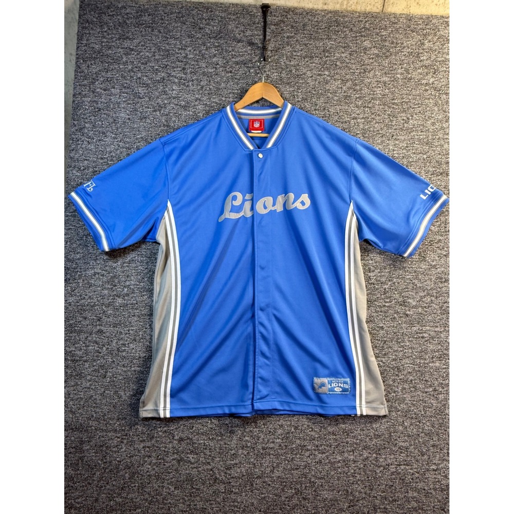 NFL Detroit Lions Jersey Shirt Mens XL Blue Grey Short Sleeve Button Front Top